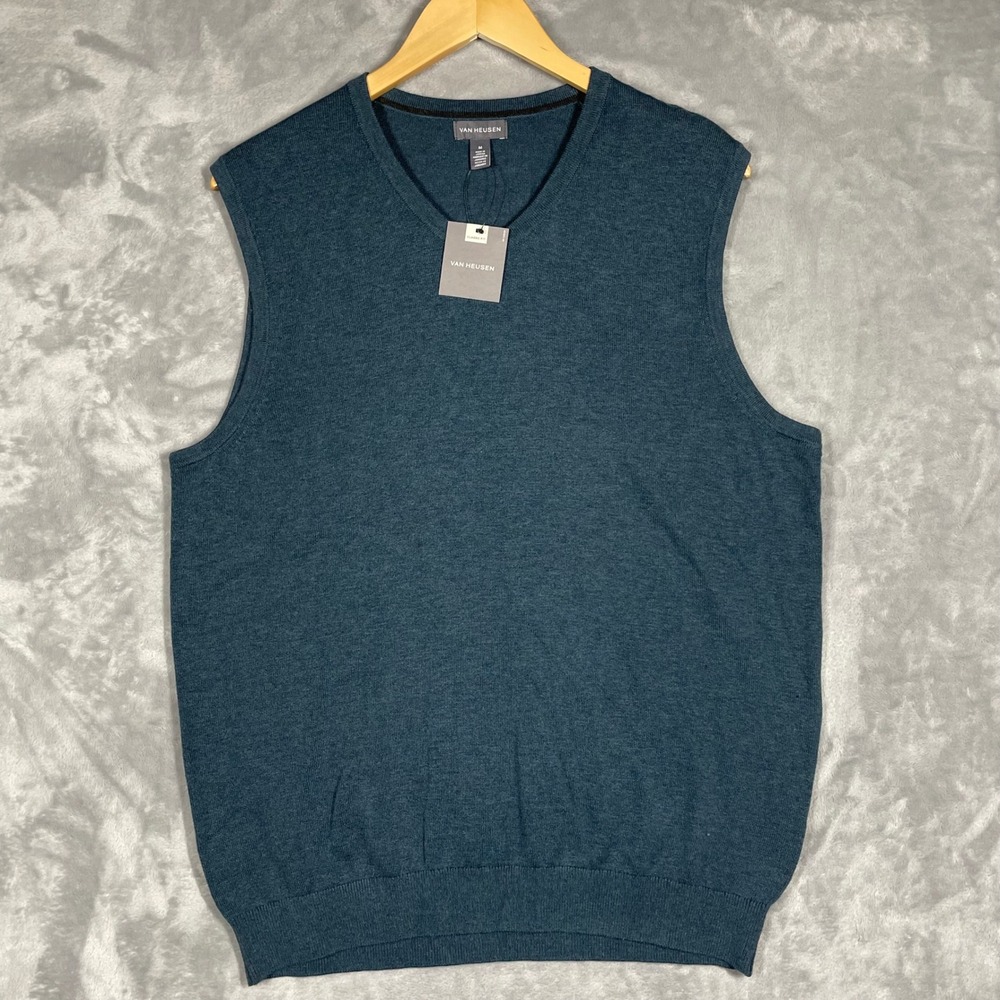 Van Heusen Mens Classic Fit V-Neck Sweater Vest Teal Blue Heather Size M NWT